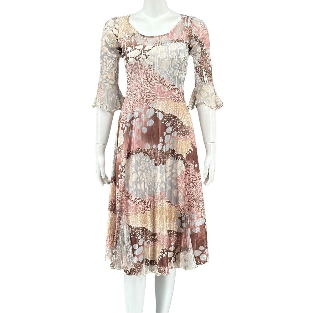 Komarov Dress Womens Small Tan Brown Shiny Lightweight Crinkle‎ Fairy Whimsical